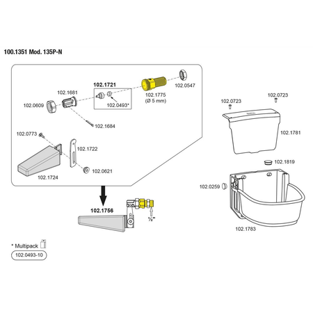 Abreuvoir à niveau constant mod. 135PN Flotteur basse pression, 6 l vol. d'eau, raccord mle 1/2" à droite ou gauche