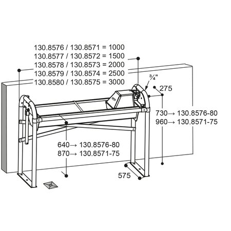 Platte kantelbare waterbak, 1,0 m,  Inhoud 35 l, bodemmontage, bak en  consoles van r.v.s.